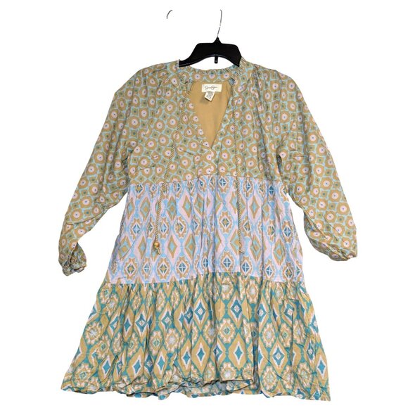 Jessica Simpson Womens Boho Tiered Dress M Multicolor Geometric Print Long Sleev - Picture 1 of 6